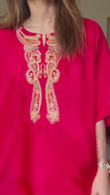 Dark Red Bemberg Tabby Silk Kaftan With Organza Zari Checkered Dupatta