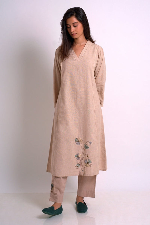 Beige Cotton Woven Kurta With Cotton Bottom