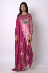 Fushia Pink and Beige Silk Velvet Salwar Suit