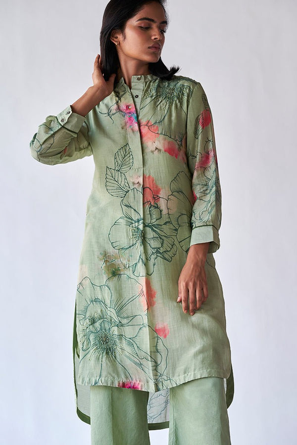 Pistachio Floral Printed Bemberg Silk Co-ord Set