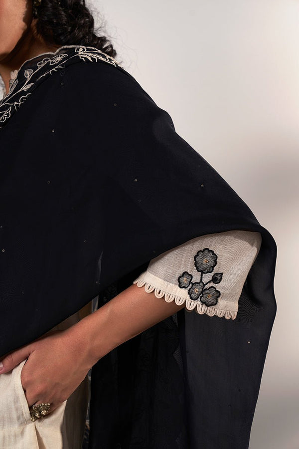 Milky White and Black Woven Chanderi Jacquard Kurta With Semi Sharara Bottom With Black Embroidered Organza Dupatta
