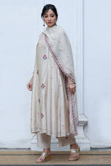 Cream Raw Silk Salwar Suit With Organza Dupatta
