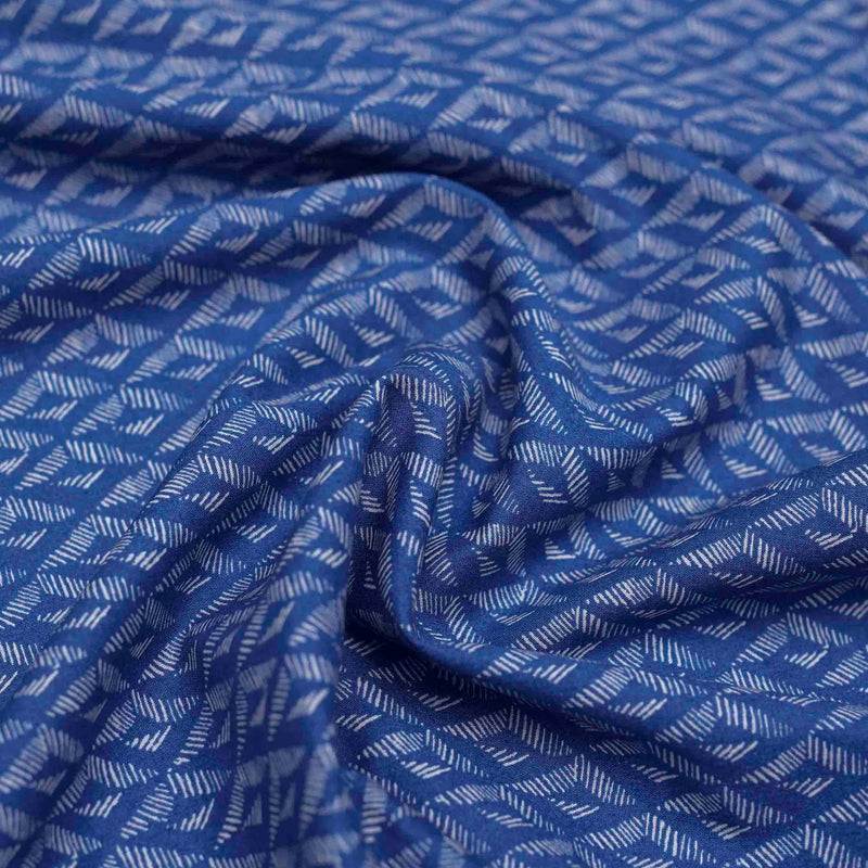 Blue and White Diamond Screen Printed Cotton Fabric