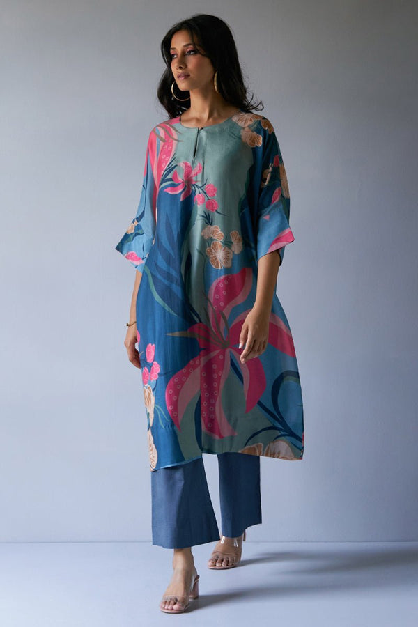Midnight Blue, Pink and Pistachio Mix Colour Bemberg Silk Printed Co-ord Set