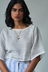 White Linen Top With Linen Striped Trousers