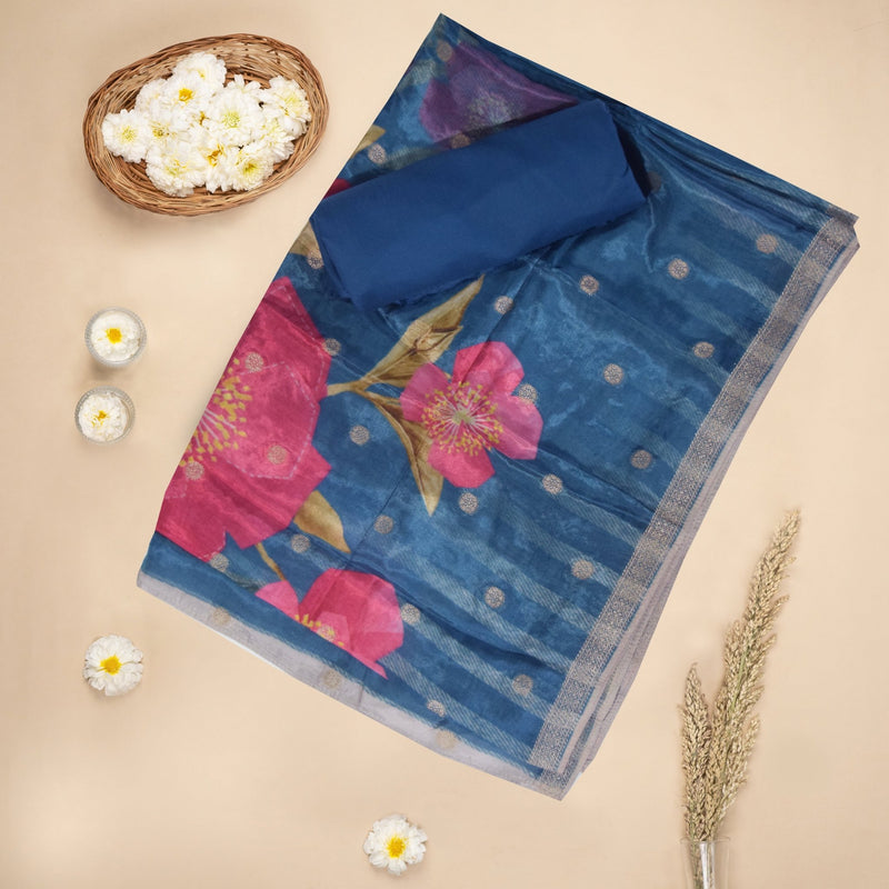 Teal Blue Bemberg Silk Embroidered Top With Viscose Silk Jacquard Dupatta
