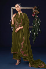 Mehndi Green Velvet Embroidered Top With Velvet Embroidered Dupatta