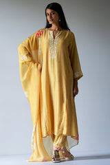 Yellow Bemberg Silk Printed Salwar Suit With Delicate Hand Embroidery on Top and Bottom