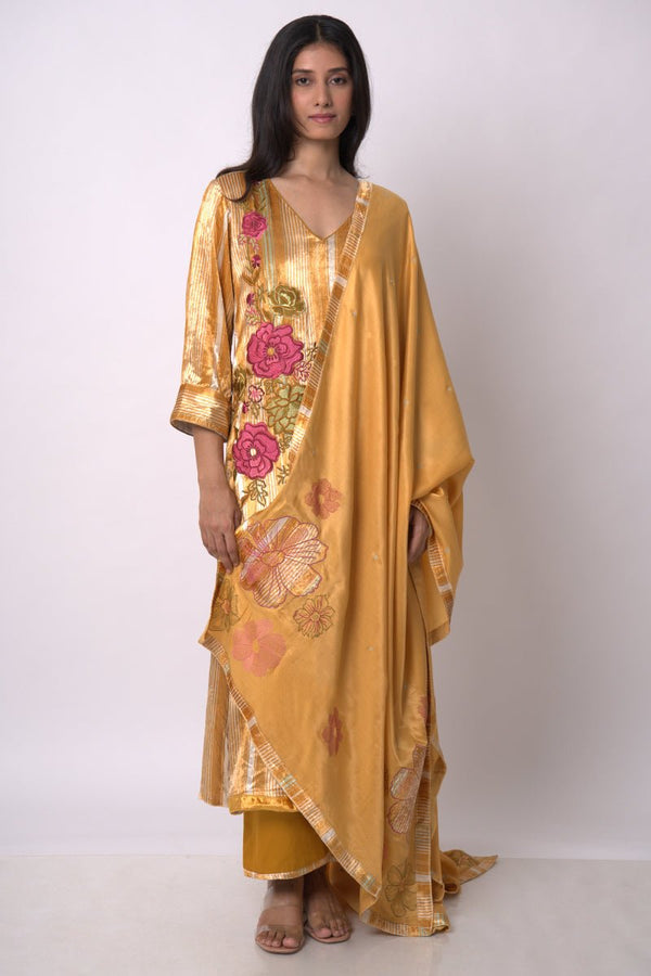 Mustard and Beige Silk Velvet Salwar Suit