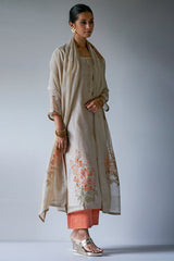 Beige Woven Kurta Suit Set With Delicate Hand Work Detailing and Embroidery Placket