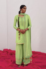 Green Habutai Silk Heavy Embroidered Suit with Embroidered Organza Dupatta