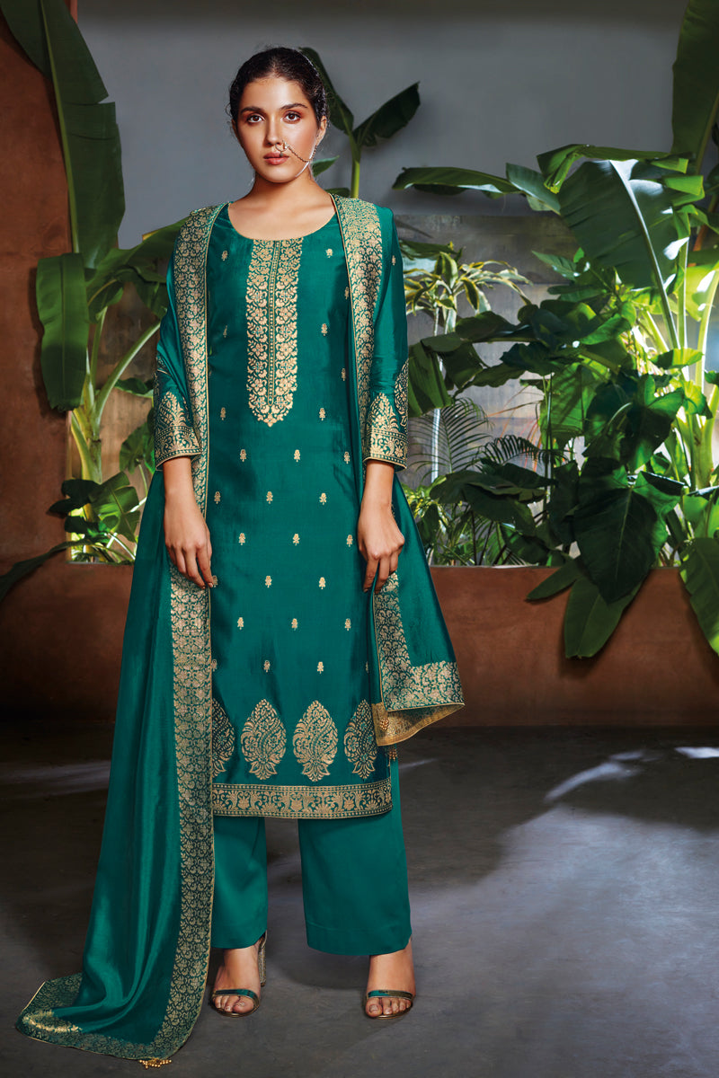 C0519-S Green Bemberg Silk Jacquard Kurta with Bemberg Silk Dupatta 