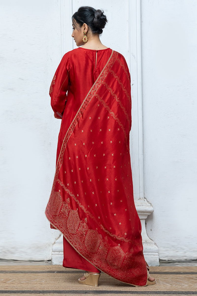 Salsa Red Woven Salwar Suit With Zari Woven Raw Silk Dupatta