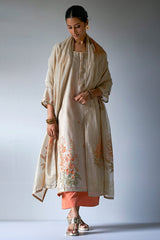 Beige Woven Kurta Suit Set With Delicate Hand Work Detailing and Embroidery Placket