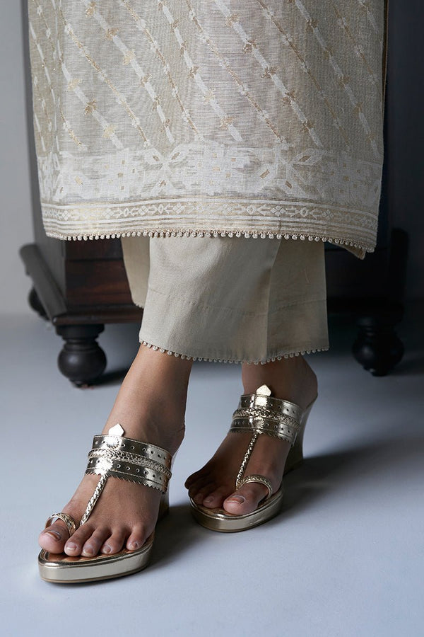 Fog Beige Woven Zari Kurta Suit Set With Delicate Embroidery Detailing