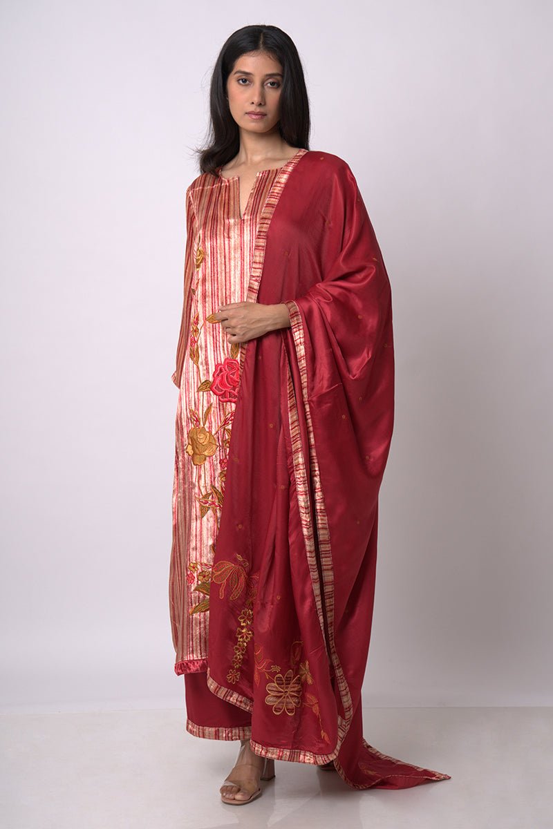 Maroon and Beige Silk Velvet Salwar Suit