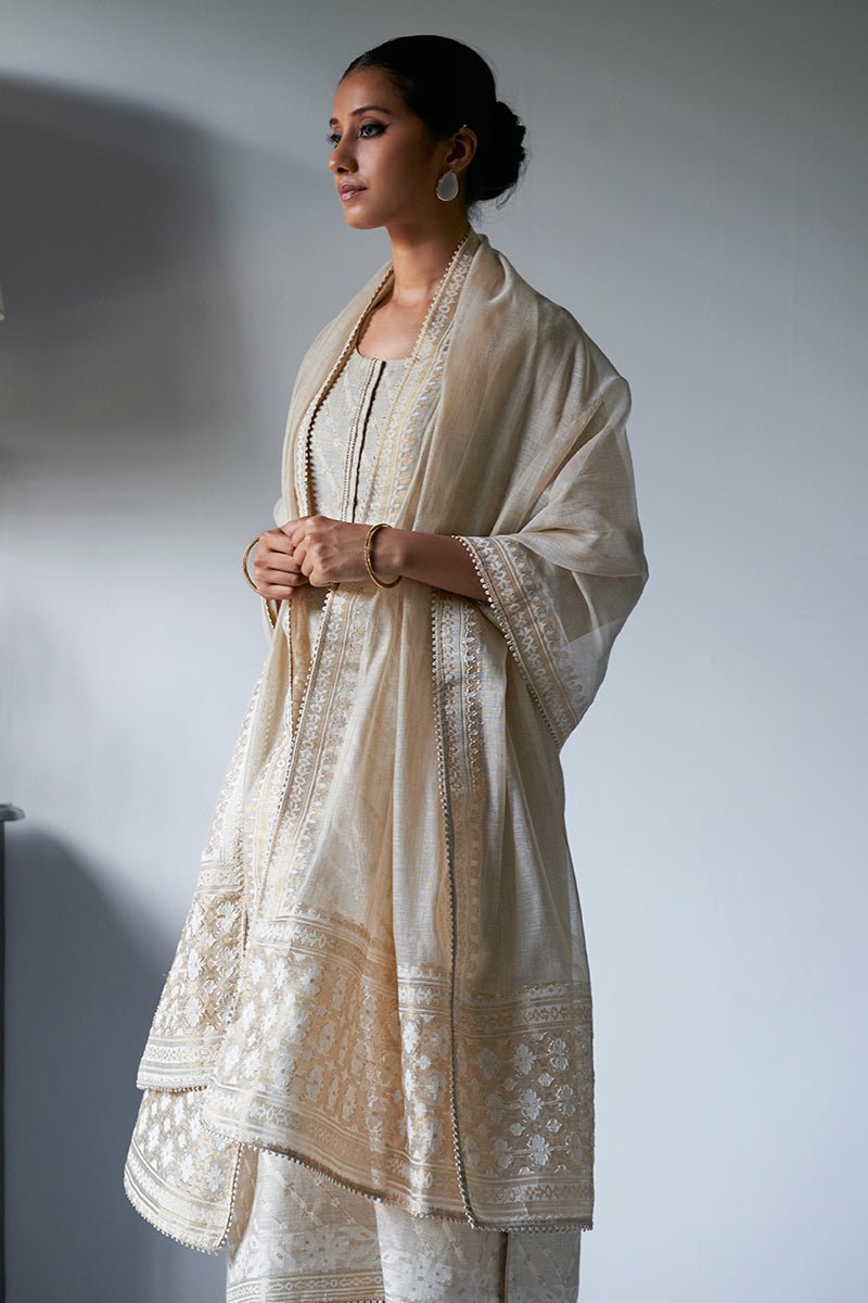 Fog Beige Woven Zari Kurta Suit Set With Delicate Embroidery Detailing