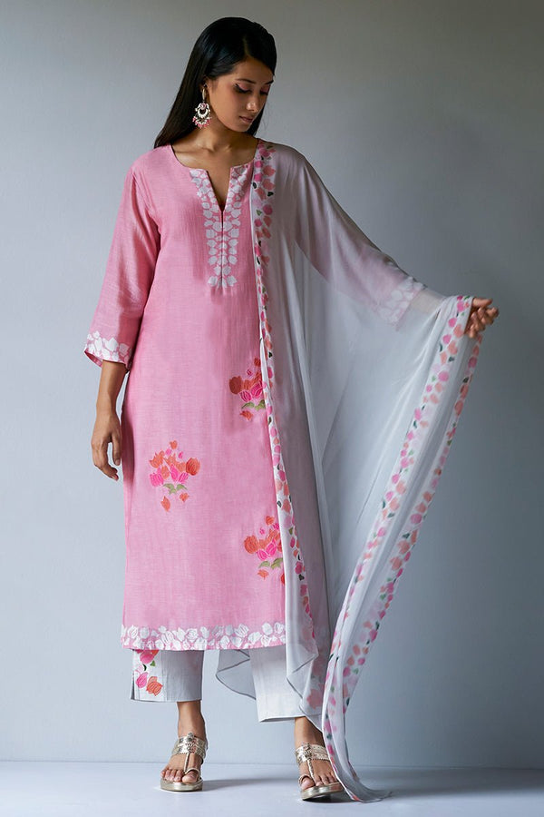 Strawberry Ice Pink and Grey Bemberg Silk Salwar Suit With Delicate Embroidery Detailing