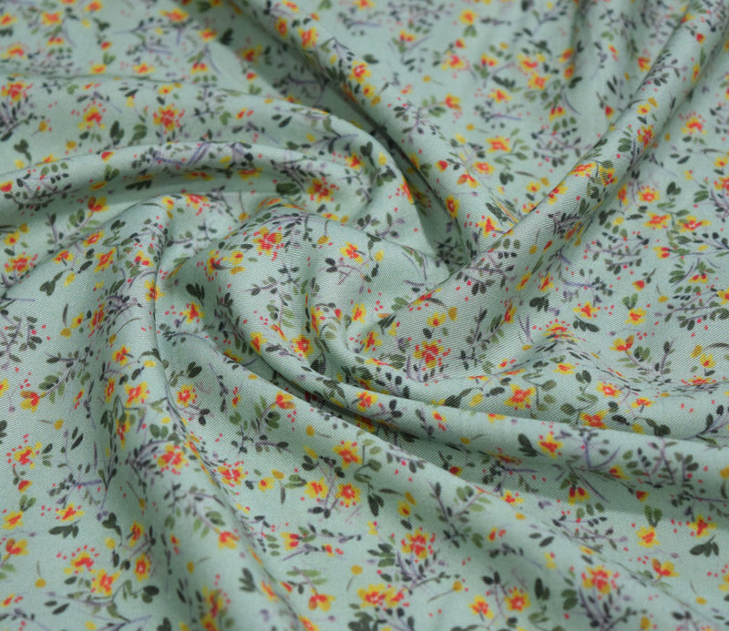 Green Color Floral Pattern Digital Printed Pure Pashmina Fabric