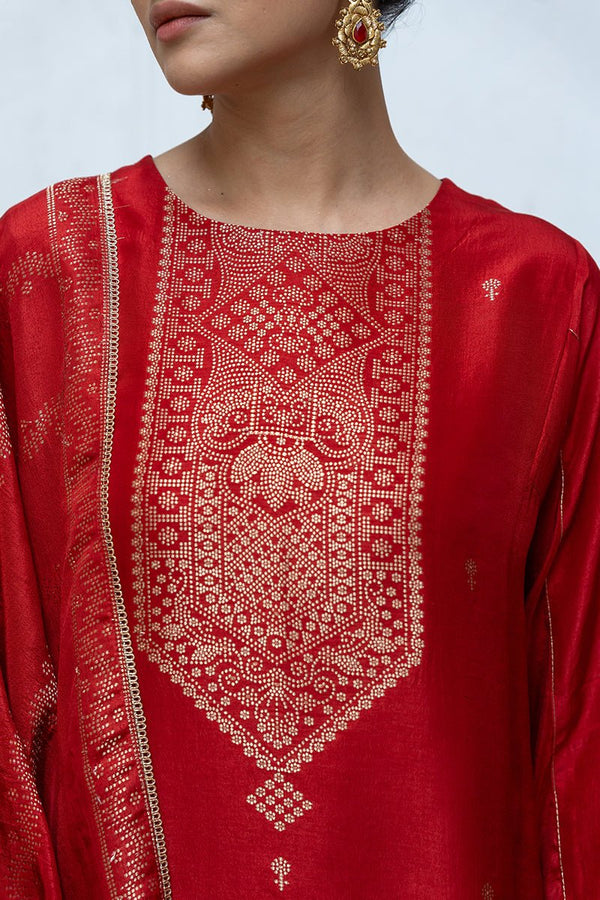 Salsa Red Woven Salwar Suit With Zari Woven Raw Silk Dupatta