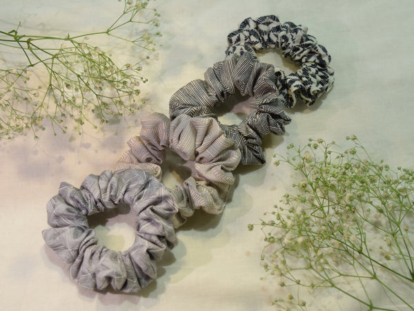 Set of 4- Printed Cotton  Scrunchies in Shades of Black