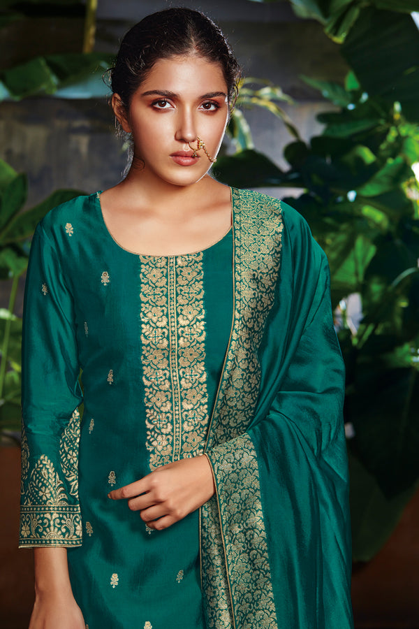 C0519-S Green Bemberg Silk Jacquard Kurta with Bemberg Silk Dupatta 