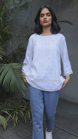 White Hand Printed Linen Kurta