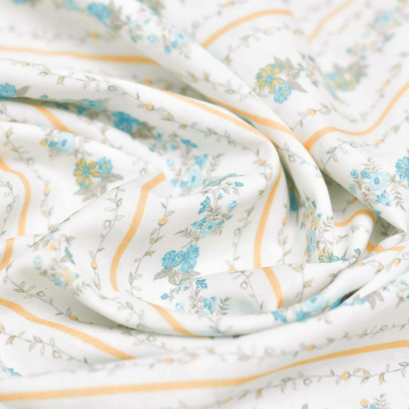 White and Blue Floral Screen Printed Cotton Fabric