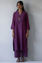 Wine Bemberg Silk Embroidered Kurta With Cotton Bottom