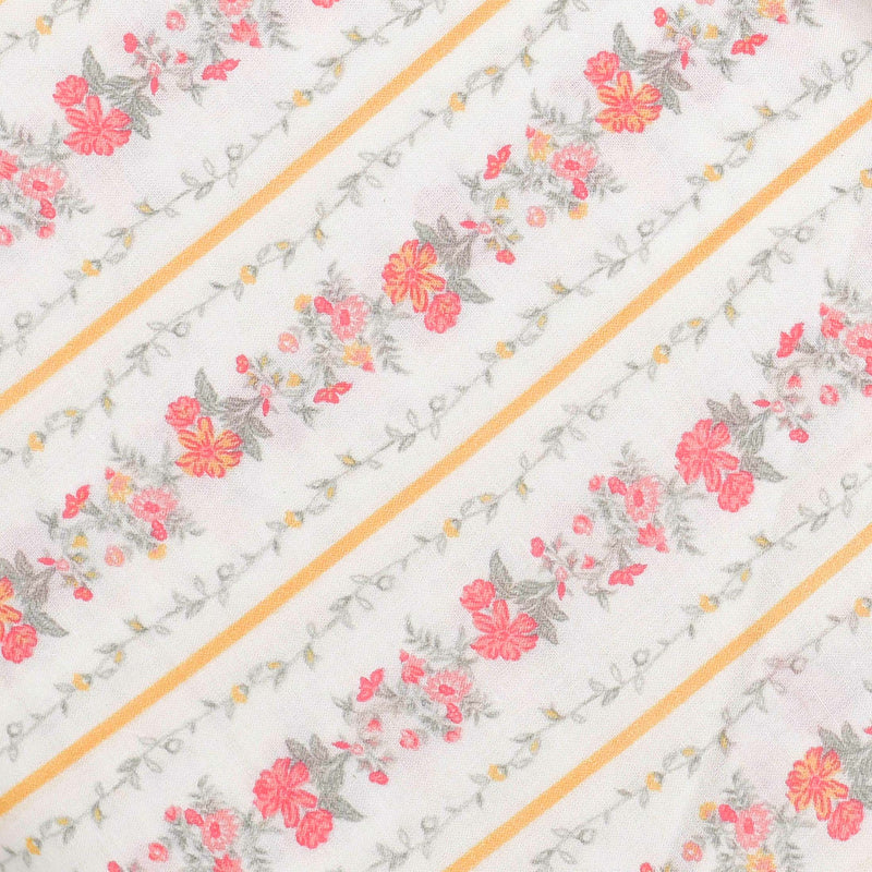 White and Red Floral Screen Printed Cotton Fabric