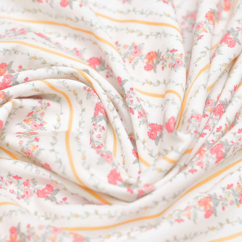 White and Red Floral Screen Printed Cotton Fabric