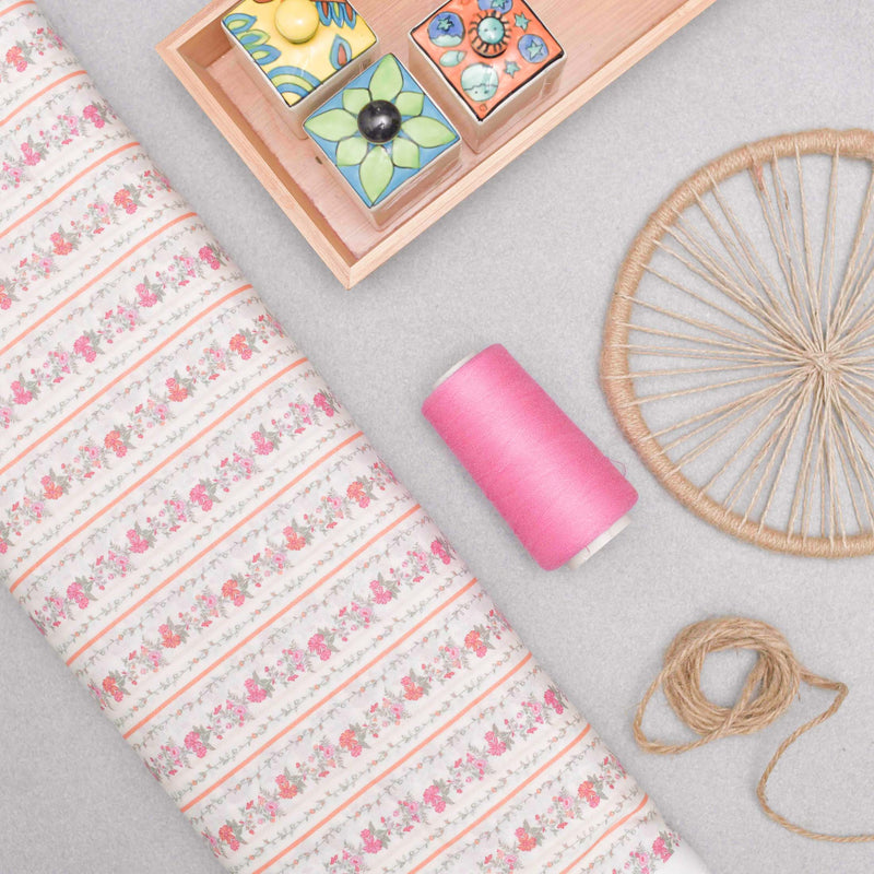 White and Pink Floral Screen Printed Cotton Fabric