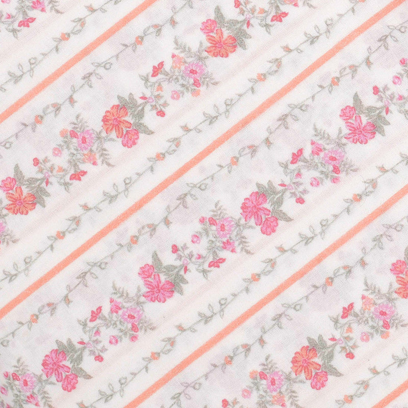 White and Pink Floral Screen Printed Cotton Fabric