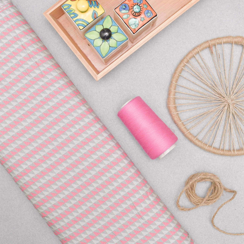 Pink and Grey Small Triangle Screen Printed Cotton Fabric