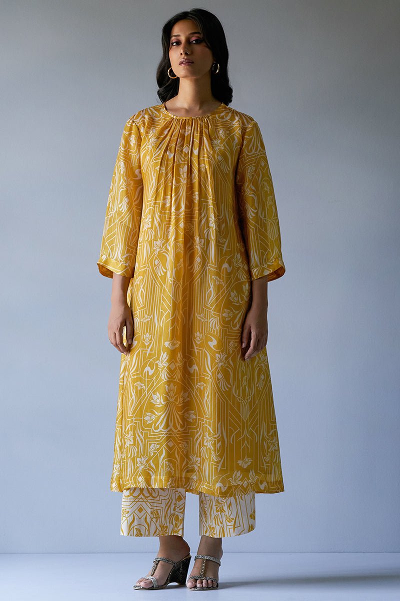 Mustard Yellow and Beige Bemberg Silk Printed Co-ord Set