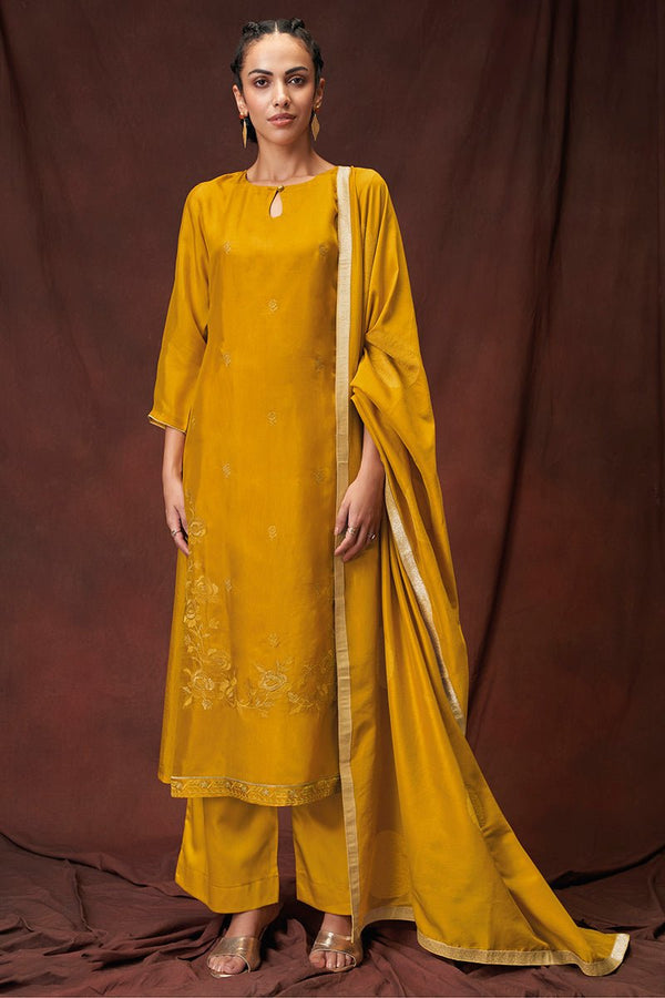 Yellow Bemberg Habutai Silk Embroidered Top With Viscose Silk Jacquard Dupatta