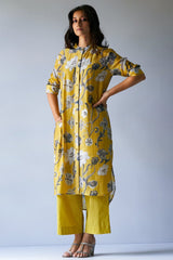 Ceylon Yellow and Grey Bemberg Silk Printed Co-ord Set