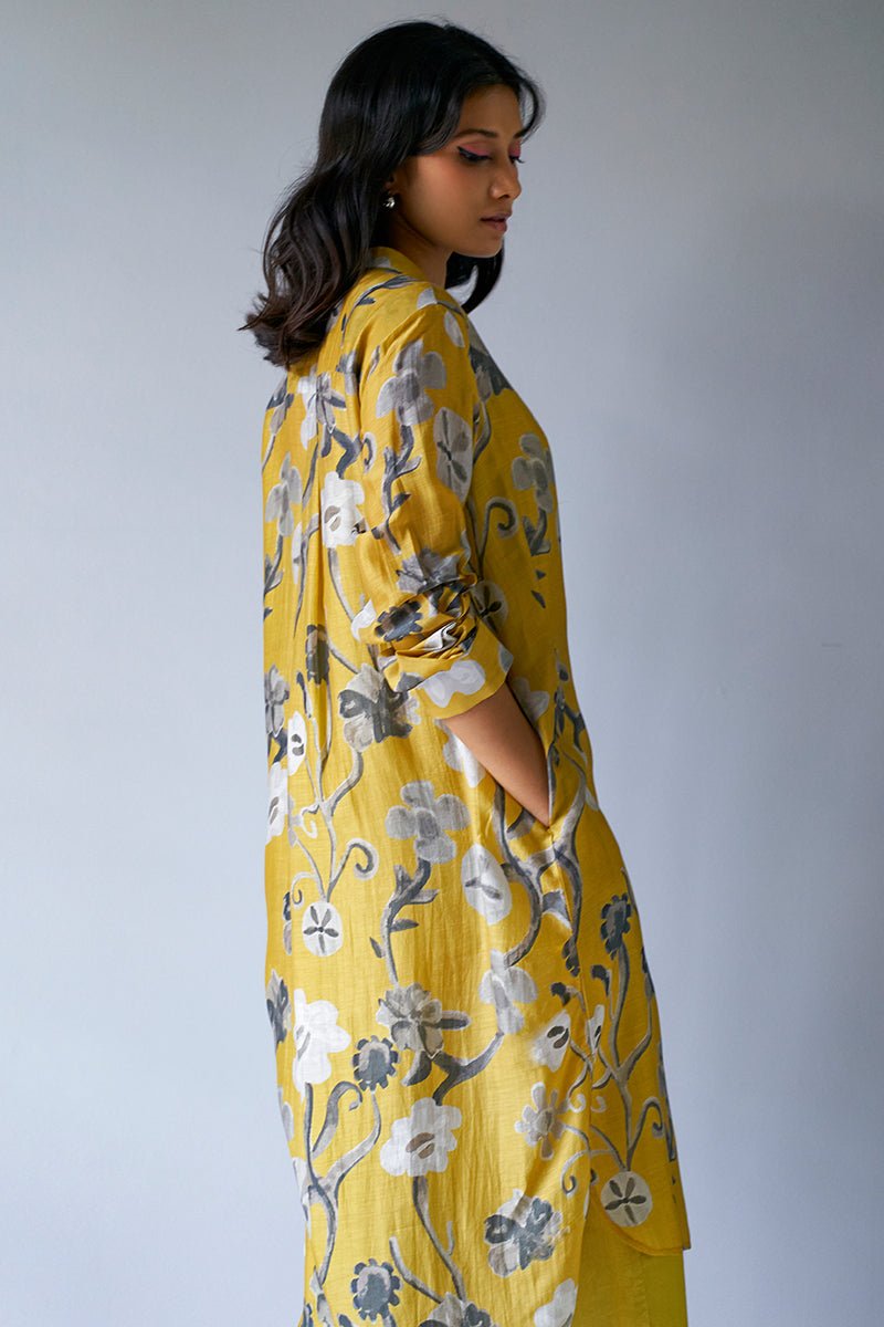 Ceylon Yellow and Grey Bemberg Silk Printed Co-ord Set