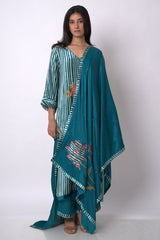 Peacock Blue and Off White Silk Velvet Salwar Suit