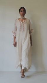 Almond Milk Organza Kaftan With Multi Colour Thread Embroidery With Lace Detailing