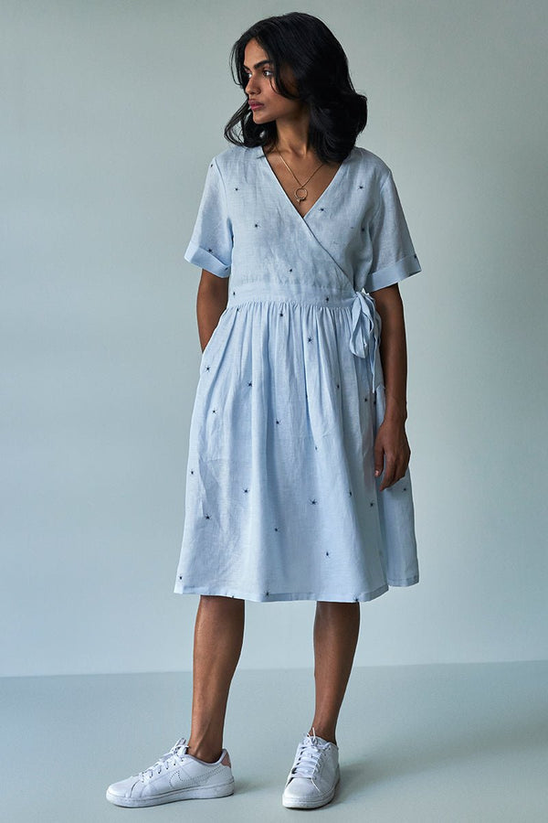 Chalk Blue Wrap-around Linen Dress