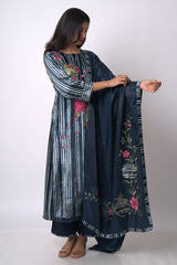 Navy Blue and Light Grey Silk Velvet Salwar Suit