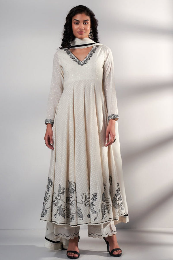Off White Cotton Handloom Anarkali Suit With Organza Dupatta