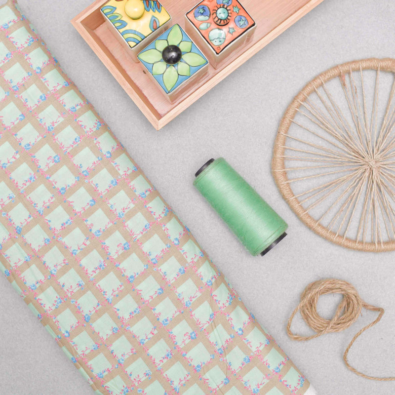 Pista Green Checkered Screen Printed Cotton Fabric
