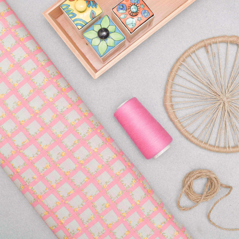 Pink Checkered Screen Printed Cotton Fabric