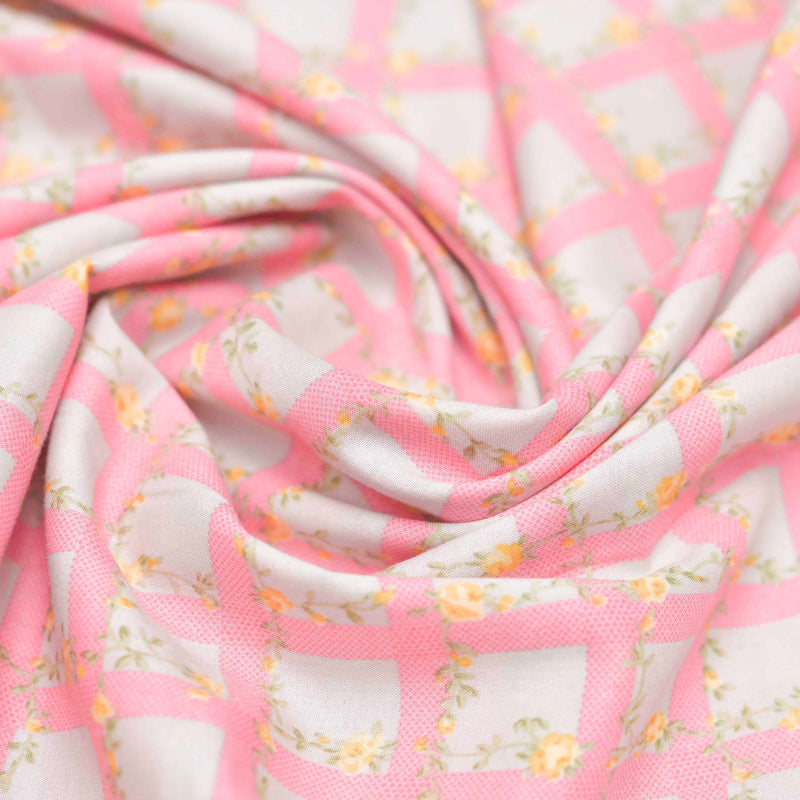 Pink Checkered Screen Printed Cotton Fabric