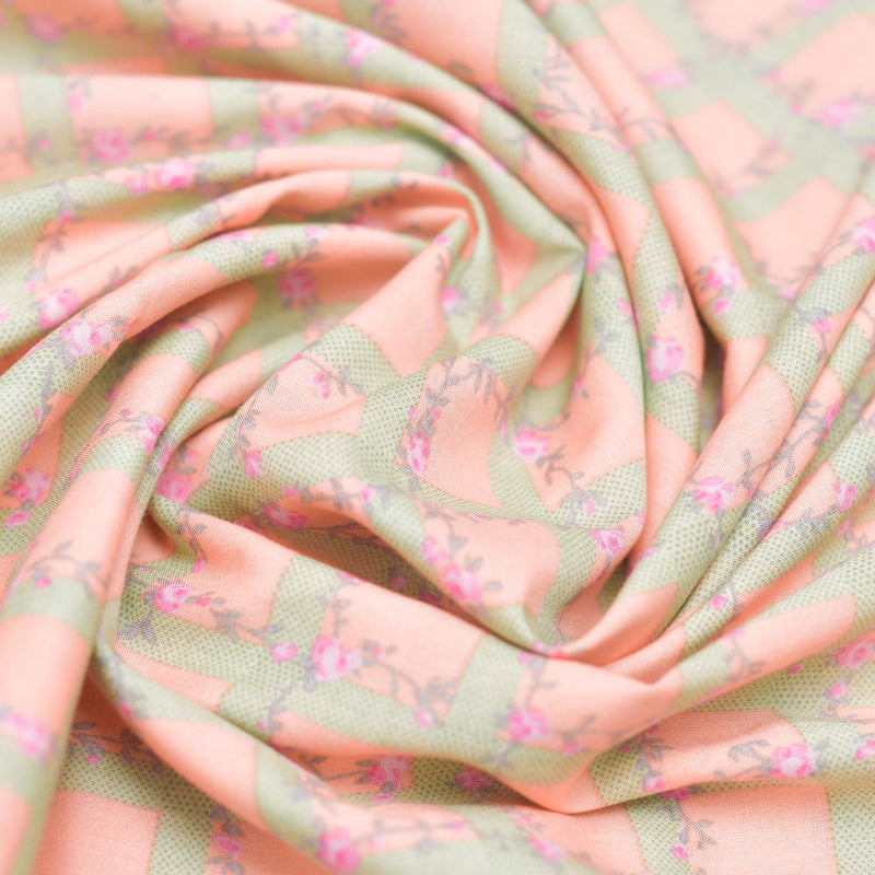Peach Checkered Screen Printed Cotton Fabric