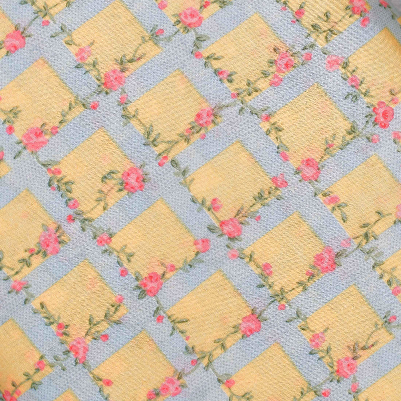 Yellow Checkered Screen Printed Cotton Fabric