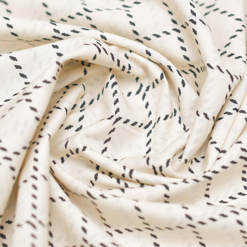 Black and Cream Checkered Screen Printed Cotton Fabric