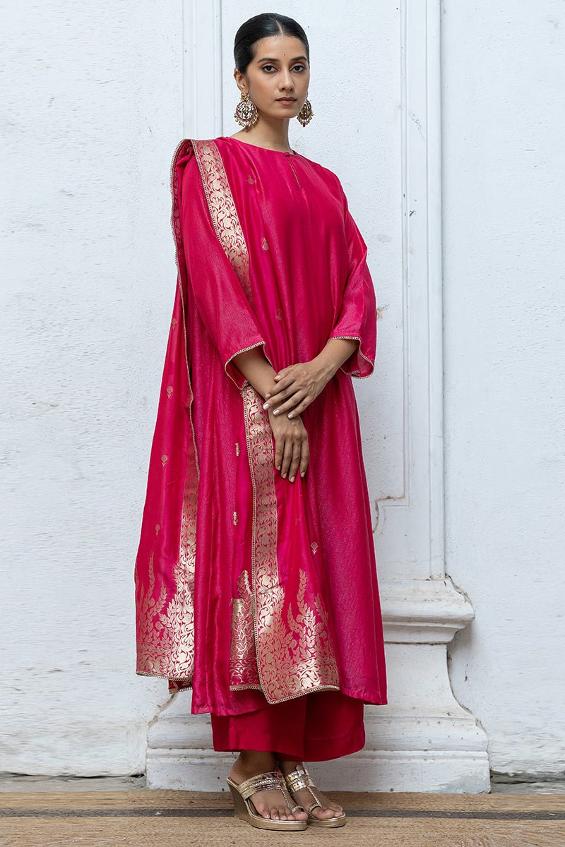 Bright Rose Pink Zari Woven Bemberg Silk Salwar Suit With Zari Woven Monga Silk Jacquard Dupatta